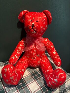 Vintage Sugar Loaf Red Heart Print Plush Teddy Bear with Sheer Bow